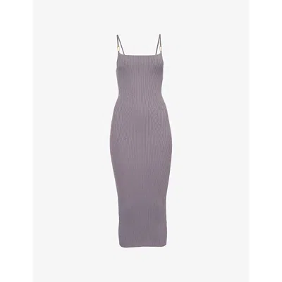 Emporio Armani Womens Ribbed Rectangle-hardware Sleeveless Knitted Midi Dress Shadow