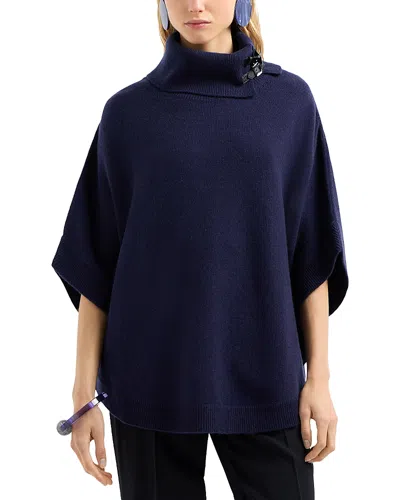 Emporio Armani Womens Virgin Wool Blend Buckle Poncho Sweater In Blu Mezzanotte