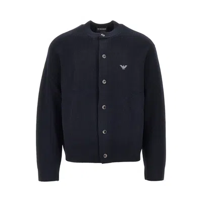 Emporio Armani Wool And Cotton Crewneck Cardigan In Blue