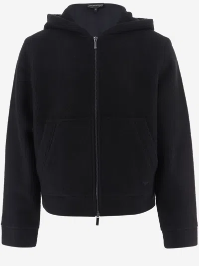 Emporio Armani Wool And Cotton Jacket With Hood And Zipper In Black