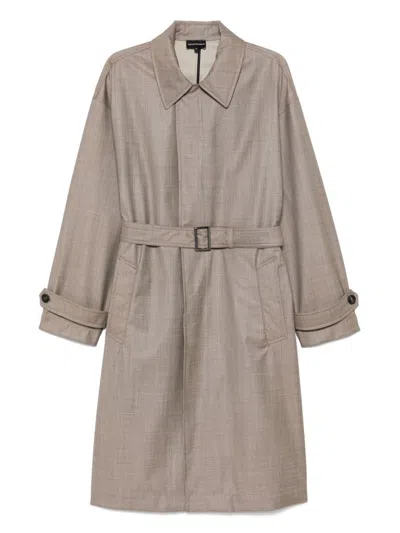 Emporio Armani Wool Belted Coat In Neutral