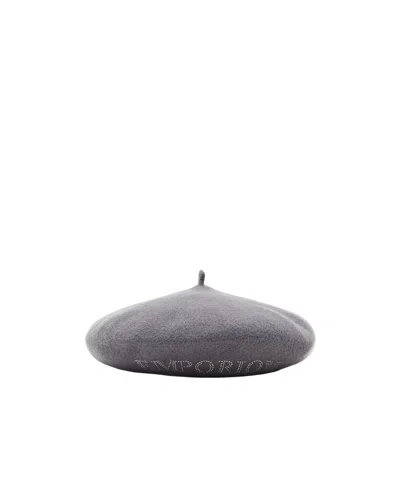 Emporio Armani Wool Beret With A Micro-stud Logo In Gray