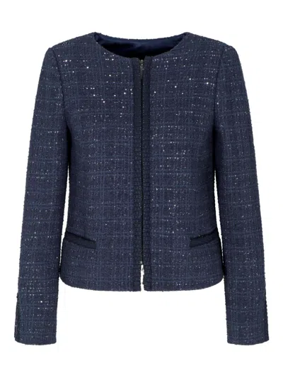 Emporio Armani Lurex Tweed Zip-up Jacket With Micro Sequins In Blue