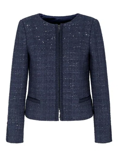 Emporio Armani Lurex Tweed Zip-up Jacket With Micro Sequins In Blue