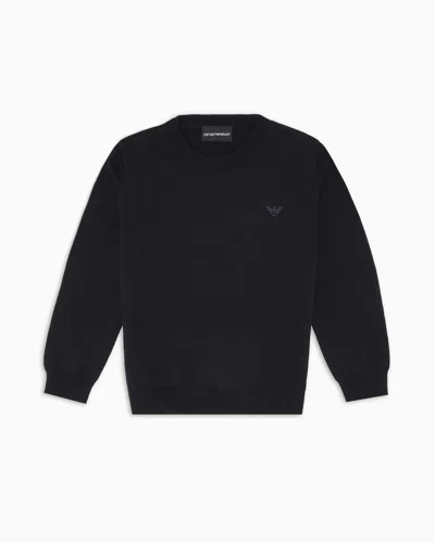 Emporio Armani Kids' Wool-blend Jumper With Micro-eagle Embroidery In Navy Blue