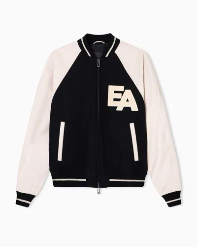 Emporio Armani Wool Bomber Jacket With Nappa-leather Sleeves And Oversized Ea Patch In Sand