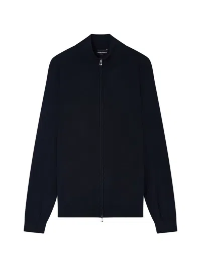 Emporio Armani Wool Cardigan Casual Style Stand Collar In Blue