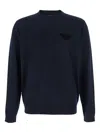 Emporio Armani Dark Blue Sweater With Logo Embroidery In Wool And Cotton Man In Blue