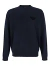 Emporio Armani Dark Blue Sweater With Logo Embroidery In Wool And Cotton Man In Blue