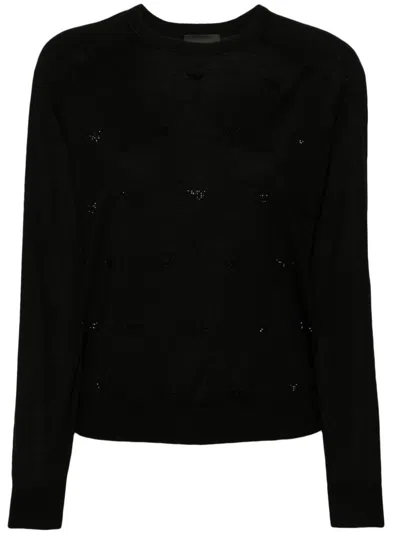 Emporio Armani Rhinestone-logo Fine-knit Jumper In Black
