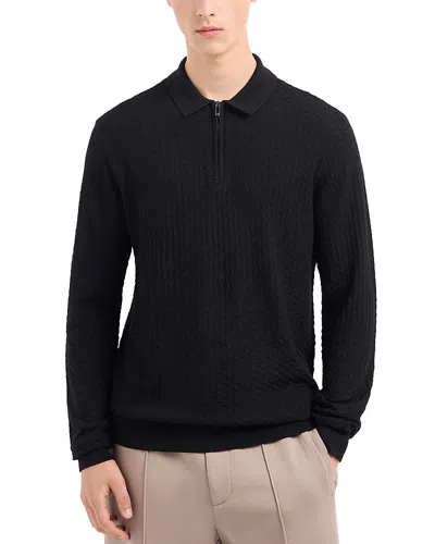 Emporio Armani Wool Diamond Jacquard Regular Fit Quarter Zip Polo Sweater In Solid Black