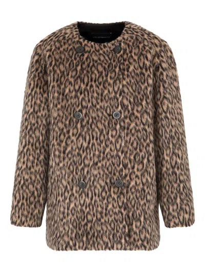 Emporio Armani Leopard Print Wool Blend Double Breasted Jacket In Brown