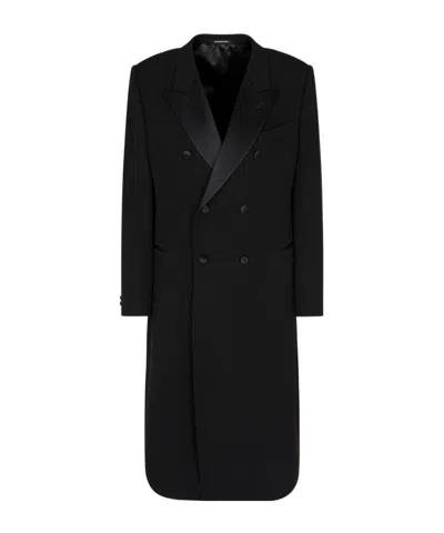 Emporio Armani Double-breasted Long Coat Satin Lapels In Black