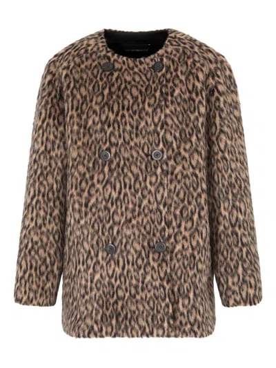 Emporio Armani Leopard Print Wool Blend Double Breasted Jacket In Brown