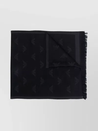 Emporio Armani Wool Logo Pattern Frayed Knit Scarf