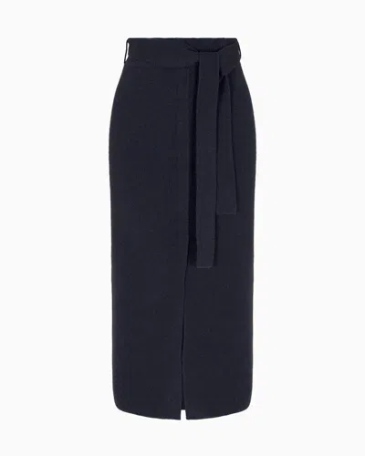 Emporio Armani Wool Long Skirt With Slit And Belt In Blue