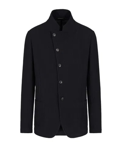 Emporio Armani Wool Long Sleeve Small Stand Collar Side Placket Suit Jacket In Black