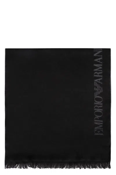 Emporio Armani Intarsia-knit Logo Wool Scarf In Blue