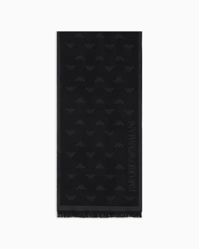 Emporio Armani Official Store All-over Eagle Embroidered Wool Scarf In Anthracite