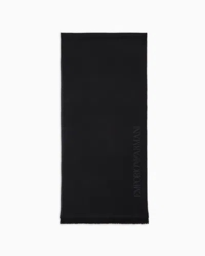 Emporio Armani Official Store Wool Scarf With Jacquard Logo Lettering In Black Logo