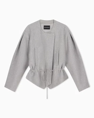 Emporio Armani Wool Seersucker Blouson With A Drawstring Hood And Pockets In Gray