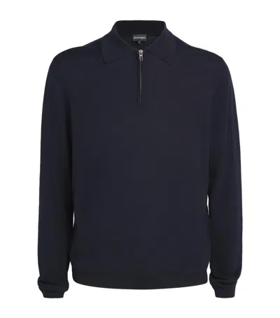 Emporio Armani Wool Zip-up Polo Shirt In Blue