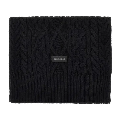 Emporio Armani Wool-blend Scarf With Logo Label In Black