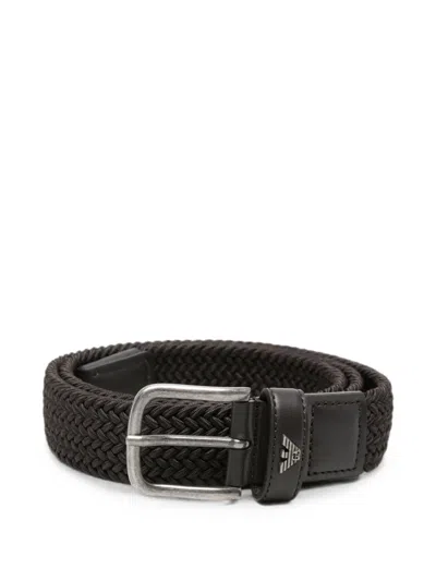 Emporio Armani Woven Leather-trim Belt In Black