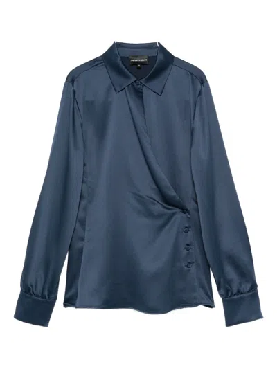 Emporio Armani Wrap Front Collared Shirt With Buttoned Cuffs In Blue