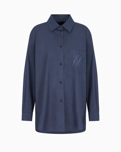 Emporio Armani Yarn-dyed Shirt With Embroidered Logo In Blue