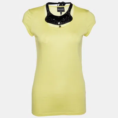 Emporio Armani Yellow Cotton & Modal Embellished Neck Detail T-shirt