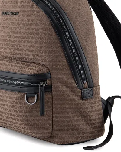 Emporio Armani Zaino Beige In Tessuto Jacquard Lettering All Over