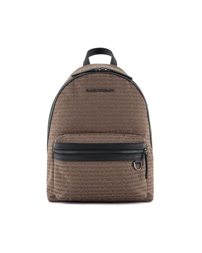 Emporio Armani Zaino Beige In Tessuto Jacquard Lettering All Over In U6195