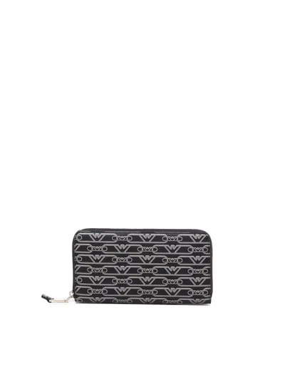Emporio Armani Zip Around Eagle All Over Wallet  In Nero-ecru