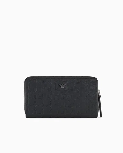 Emporio Armani Zip-around Leather Wallet With All-over Embossed Eagle In Black