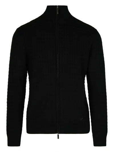 Emporio Armani Zip-front Grid-pattern Cardigan In Black
