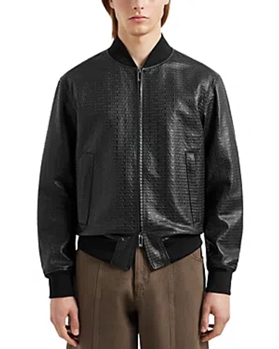 Emporio Armani Zip Front Leather Logo Jacket In Solid Black