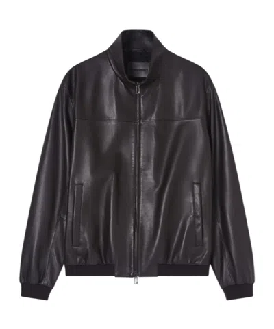 Emporio Armani Zip-up Leather Jacket In Brown