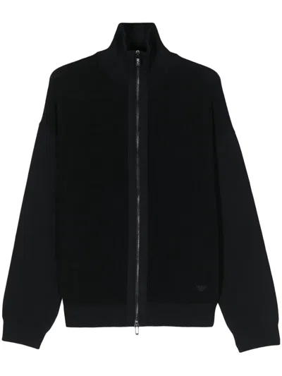 Emporio Armani Zip-up Open-knit Cardigan In Blue