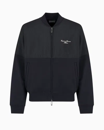 Emporio Armani Zip-up Sweatshirt In Nylon And French Terry Jersey With Logo Embroidery In Black