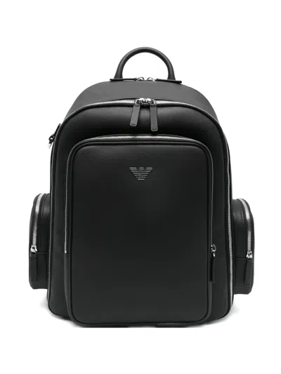 Emporio Armani Backpack With A Metallic Logo And Silver-tone Zips In Black