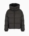 Emporio Armani Zipped, Hooded Down Jacket In Jacquard Nylon With All-over Logo Lettering In Black