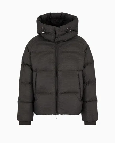 Emporio Armani Zipped, Hooded Down Jacket In Jacquard Nylon With All-over Logo Lettering In Black