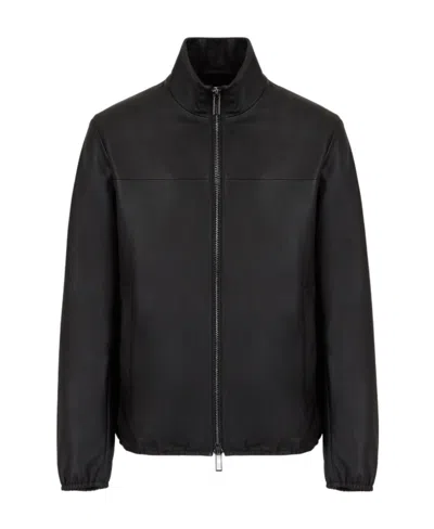 Emporio Armani Zipped Leather Jacket In Nero-black