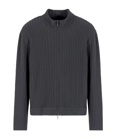 Emporio Armani Icon Full-zip Cardigan In Vertical Ottoman-stitch Viscose In Grey