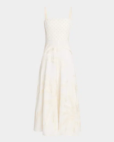 Emporio Sirenuse Anabel Palm Embroidered Linen Midi Dress In White