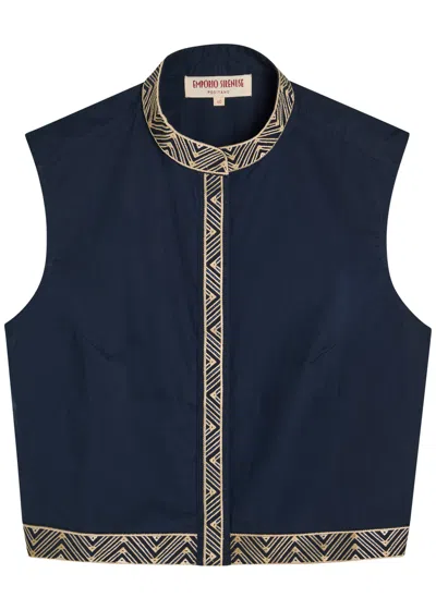 Emporio Sirenuse Andorra Embroidered Cotton-poplin Top In Blue