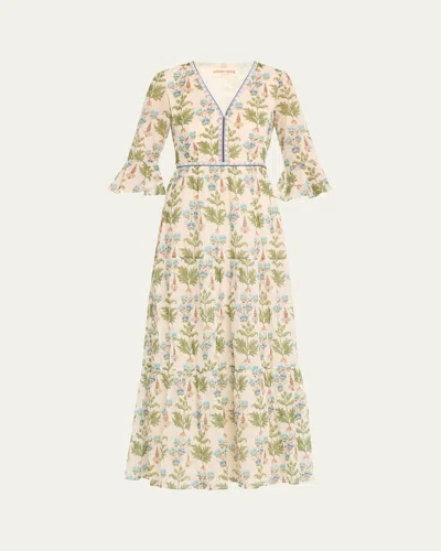 Emporio Sirenuse Bella 2 Persian Botanic Print Bell Cuff Dress In Ivory