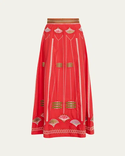 Emporio Sirenuse Camille Japanese Peacock Beaded Skirt In Red