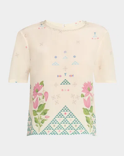 Emporio Sirenuse Gabrielle Geo Floral-print Silk Crystal-neck Blouse In White